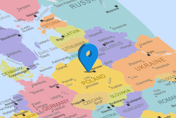 ヨーロッパの地図上の青いプレースホルダピンを持つポーランド、ポーランドをクローズアップ、場所アイコン付きのカラフルな地図、旅行のアイデア、休暇のコンセプト - holiday paper spotted close up点のイラスト素材／クリップアート素材／マンガ素材／アイコン素材