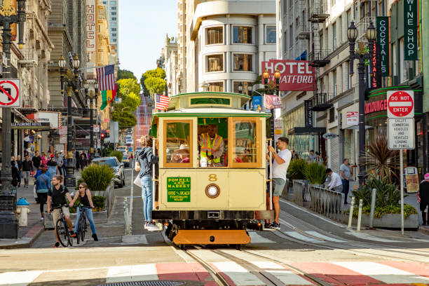 historic Cable Car Powell Hyde Line on turntable at Powell Street terminal at Market Street in downtown San Francisco, California CA, USA stock photo
