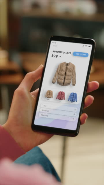 Vertical Point of View First Person Using Smartphone for Online Shopping for Clothes, Handbags, Accessories. Mobile Phone App with Scrolling gesture. Sale Offer, Buying, Purchasing Best Products