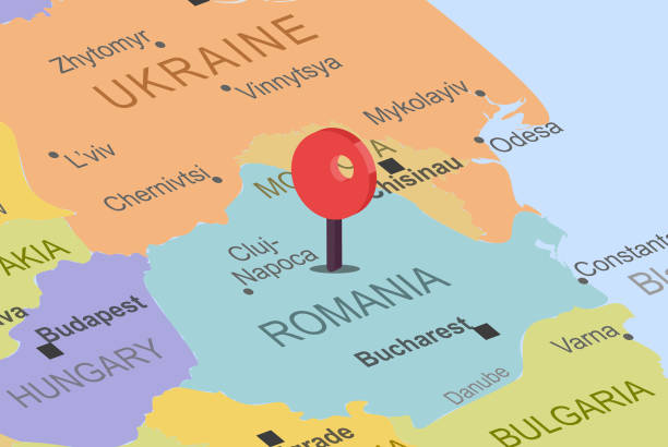 stockillustraties, clipart, cartoons en iconen met romania with red location placeholder on europe map, close up romania, colorful map with location icon, travel idea, vacation concept - roemenië