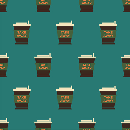 Cup coffee seamless pattern in retro color. Icon coffee to go. Concept takeaway drink, food. Retro design for print on wrapping paper, packing, wallpaper, fabric. Vector illustration