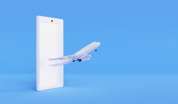 istock Airplane flying from smartphone on blue background. 3d render 1411421887