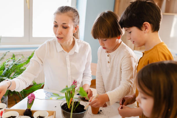 istock Children with their teacher doing science project with plants. STEM in education concept. 1411422034