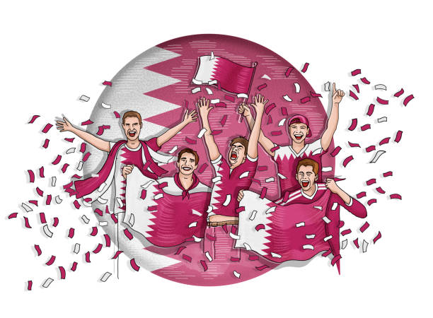 stockillustraties, clipart, cartoons en iconen met group of five fan celebrating with national flag of qatar - qatar football