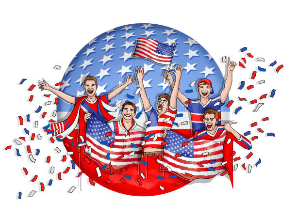 ilustrações, clipart, desenhos animados e ícones de grupo de cinco fãs comemora com bandeira nacional dos estados unidos - american football sports uniform football white background
