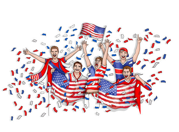 ilustraciones, imágenes clip art, dibujos animados e iconos de stock de grupo de cinco fanáticos celebrando con la bandera nacional de estados unidos - american football sports uniform football white background