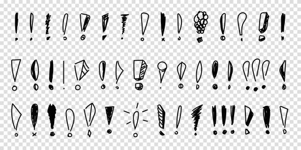 Set of hand drawn exclamation marks. Pencil and ink various scattered exclamation marks. Sketches of punctuation mark, vector illustration on isolated transparent background. Set of hand drawn exclamation marks. Pencil and ink various scattered exclamation marks. Sketches of punctuation mark, vector illustration on isolated transparent background. exclamation point stock illustrations