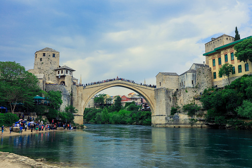 Panoramic View to the Spring and Green cityscape of Mostar, Bosnia and Herzegovina