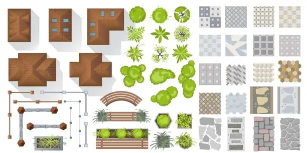 Vector illustration of Architectural and Landscape elements top view for town, village. Set of houses, plants, garden, fence, tree, outdoor furniture, tile path for project, plan, map, yard. Collection. View from above