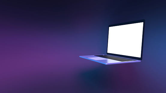 Back to School and business concept with an empty laptop computer on vaporwave blue and purple background. Educational concept with copy space. Easy to crop for all your design and print needs.