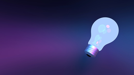 Back to School and business concept with a lit light bulb on vaporwave blue and purple background. Educational concept with copy space. Easy to crop for all your design and print needs.