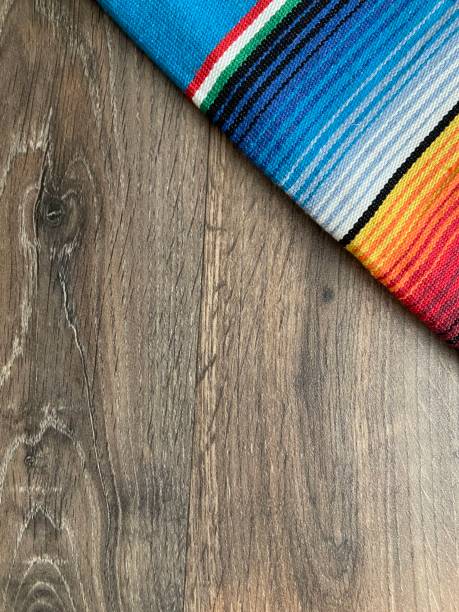 istock Mexican cinco de mayo poncho Mexico serape background backdrop dia de los Muertos Mexican falsa blanket rug sarape or zarape  fiesta traditional with stripes copy space backdrop - stock photo photograph 1411427079