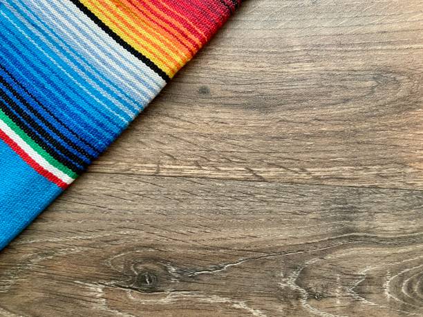 istock Mexican cinco de mayo poncho Mexico serape background backdrop dia de los Muertos Mexican falsa blanket rug sarape or zarape  fiesta traditional with stripes copy space backdrop - stock photo photograph 1411427161