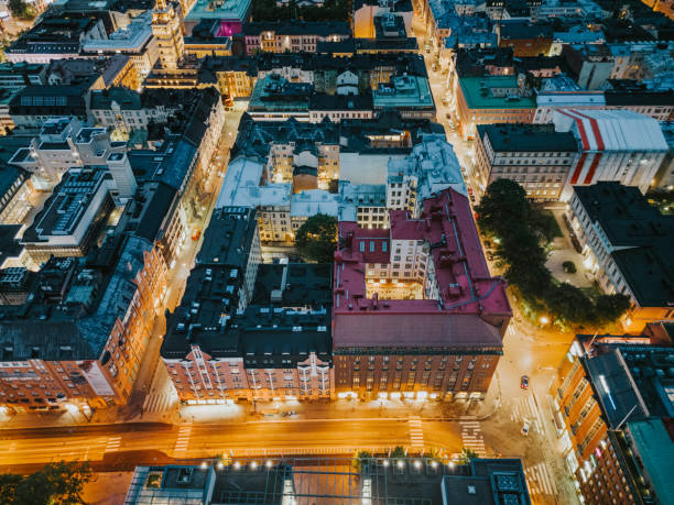 istock Night drone view of Helsinki infrastructure 1411428085