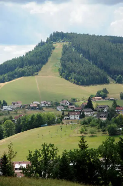 Panorama with ski slope near Baiersbronn in the Black Forest in Germany on 26.7.2022