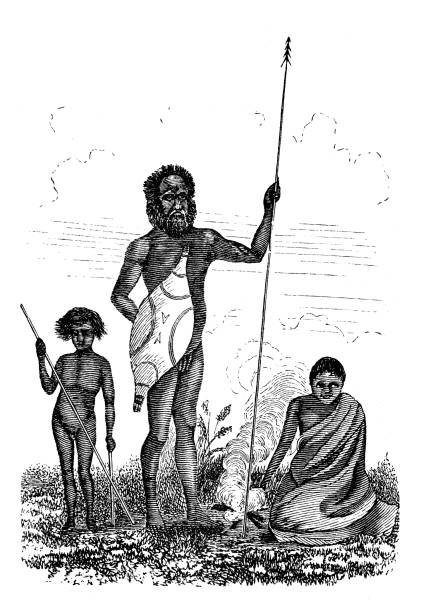 ilustrações, clipart, desenhos animados e ícones de ilustração antiga, ethnografia e culturas indígenas: família australiana - etnia aborígene australiana ilustrações