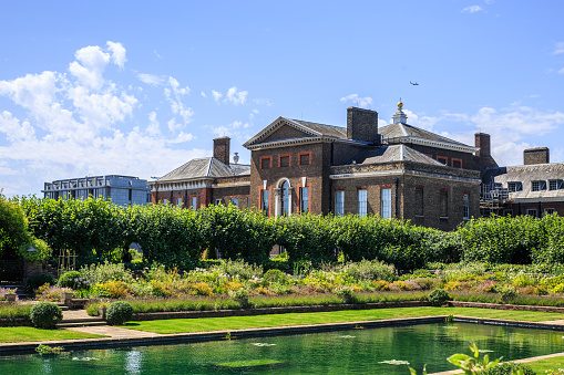 Kensington Palace and Sunken Gardes, London, 2022. The Palace was home to Diana Princess of Wales, and is partly open to the public.  It is a major tourist attraction located within Kensington Gardens