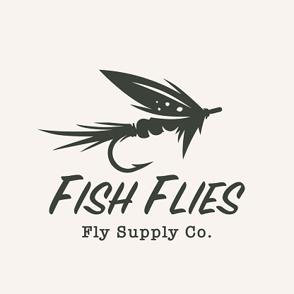 Fly fishing hook icon. Fly tying artificial feather lure emblem. Freshwater fish flies symbol. Vector illustration.