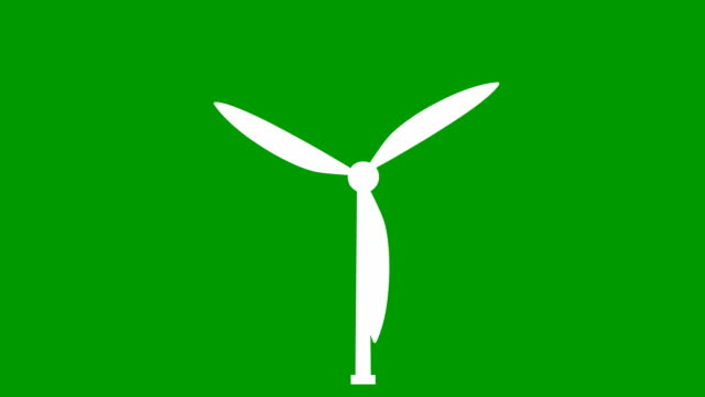 Animated flat ecology icon. white symbol of wind power plant. Blades are spinning. Concept of renewable energy, green technology, ecology, green energy, wind power, Wind energy, wind turbine. Vector illustration isolated on green background.