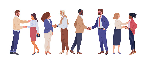 Vector illustration in flat cartoon style of several couples of people of different nationalities in business clothes shaking hands. Isolated on white