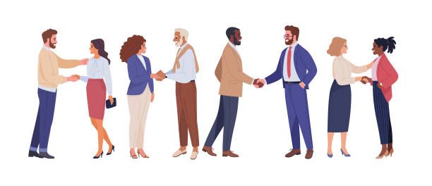 Meeting of business people. Vector illustration in flat cartoon style of several couples of people of different nationalities in business clothes shaking hands. Isolated on white greeting stock illustrations