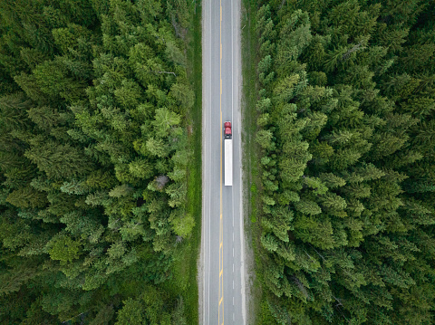 istock Container truck along a scenic road 1411434437