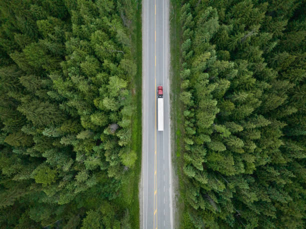 Container truck along a scenic road Top down shot of a large container truck driving along a highway. Lush forests and flowing rivers while driving along the Trans Canadian Highway in British Columbia, Canada. semi truck stock pictures, royalty-free photos & images
