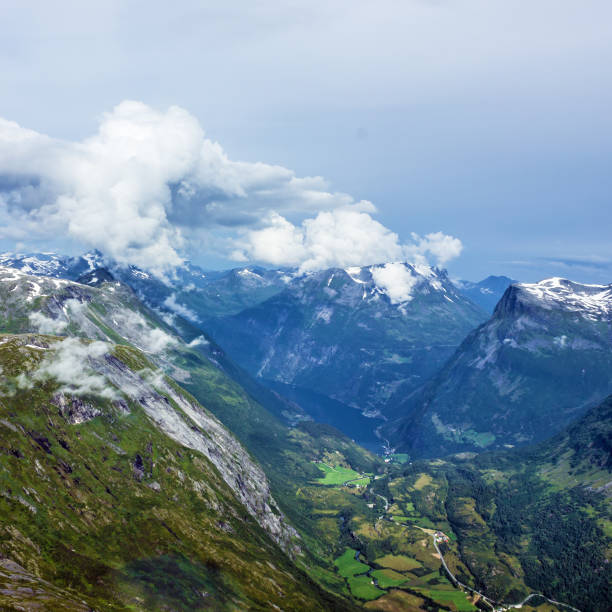 Mountain lake scenery, Geiranger fjord landscape, Norway