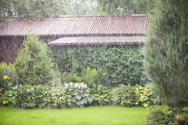 Moody and melancholic view out of a window into a garden with a house with rain drops on a rainy summer day. Seen in Germany in August.