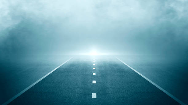 istock Black asphalt road and empty dark street scene background with smoke float up studio room interior texture for display products wall background, the foggy road in the morning, Free for take-off and landing runway at the airport. 1411436108