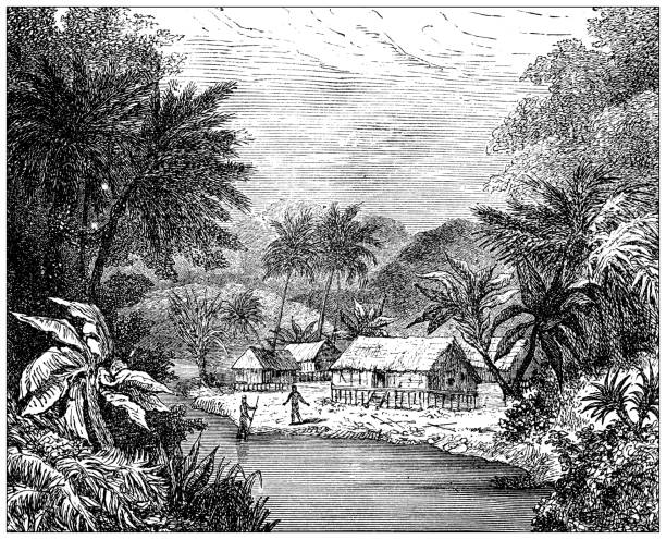 Antique illustration, ethnography and indigenous cultures: New Guinea, village