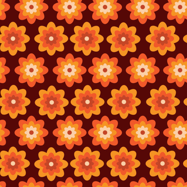 süße retro 70s groovy hippie orange blumen nahtloses muster. - brown seamless backgrounds pattern stock-grafiken, -clipart, -cartoons und -symbole