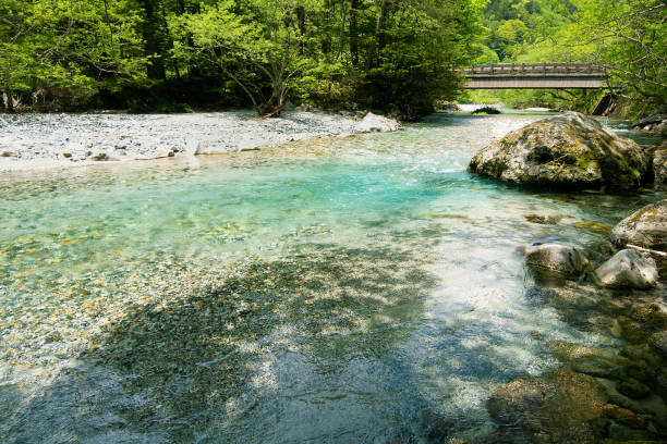 transparent flow of azusa river, kamikochi june - hida bergketen stockfoto's en -beelden