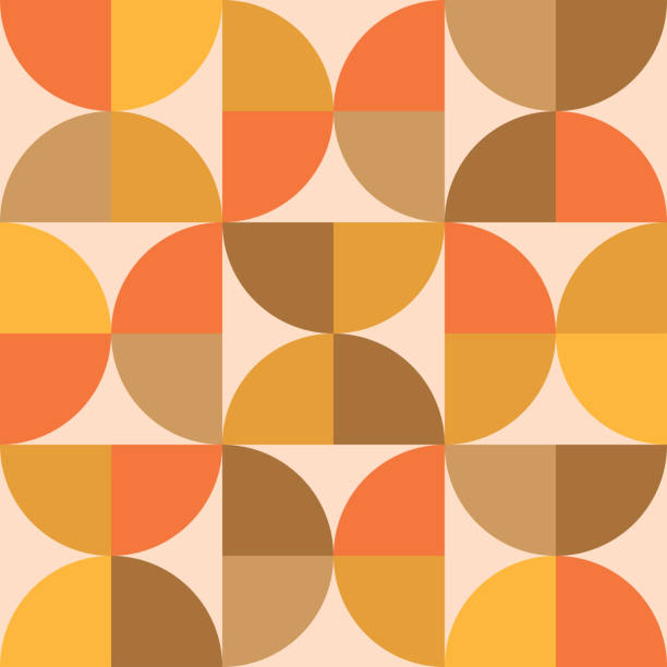 Mid century modern half circles seamless pattern in orange, amber, brown and beige. Mid century modern half circles seamless pattern in orange, amber, brown and beige. For poster, home décor and wallpaper illusion pattern circle image created 1960s stock illustrations