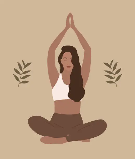 Vector illustration of Woman meditating. Boho style minimal illustration. Mindfulness. Vector