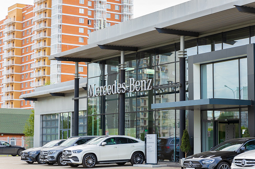 Krasnoyarsk, Russia - July 27, 2022: Mercedes-Benz dealership store. Showroom of a German brand