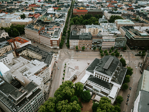 Series of various drone shots in different time around Helsinki shot in summer