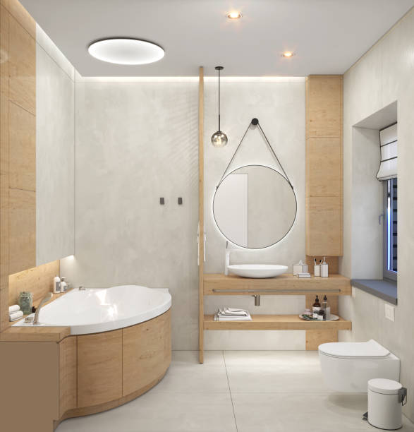 ideas de estilo de baño, render 3d - reflection on the water fotografías e imágenes de stock