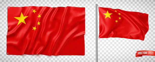 ilustraciones, imágenes clip art, dibujos animados e iconos de stock de banderas chinas realistas vectoriales - bandera china