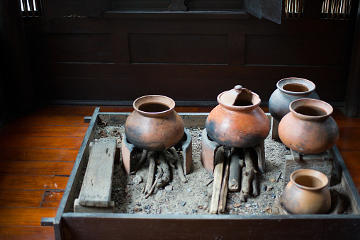 An ancient Asian kitchen and equipment replica of the Asian peoples.