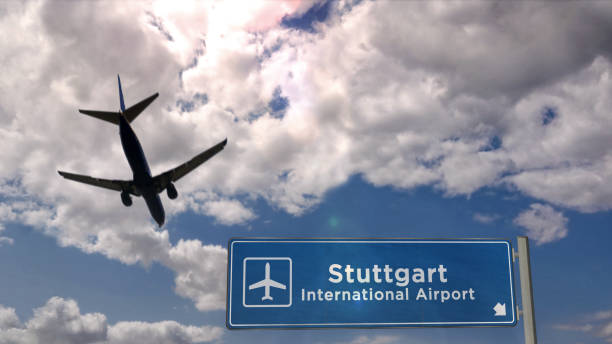 Airplane silhouette landing in Stuttgart, Germany. City arrival with international airport direction signboard and blue sky. Travel, trip and transport concept 3d illustration.