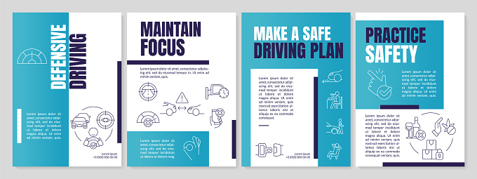 Driving safety blue brochure template. Road rules and regulations. Leaflet design with linear icons. Editable 4 vector layouts for presentation, annual reports. Anton, Lato-Regular fonts used