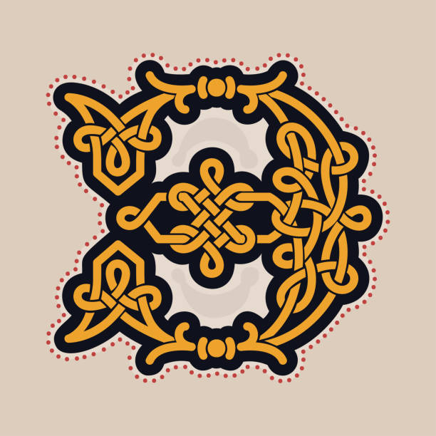 istock Number three logo with Celtic knots, spiral lines, and red dots. Dim colored medieval initial. 1411445756