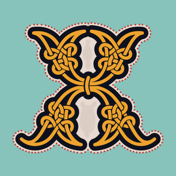 X letter logo with Celtic knots, spiral lines, and red dots. Dim colored medieval initial. Perfect icon for ancient identity, Middle Ages print, barbarian posters, and heraldic monograms. celtic letter x stock illustrations