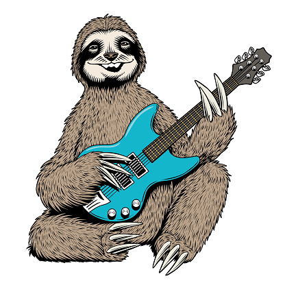 Smiling sloth playing electric guitar and singing, isolated on a white background. Comic style vector illustration.