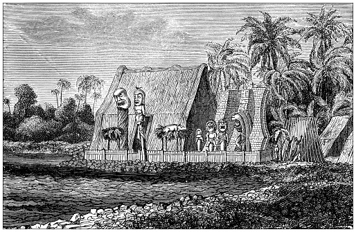 Antique illustration, ethnography and indigenous cultures: Kamehameha temple Marae, Hawaii
