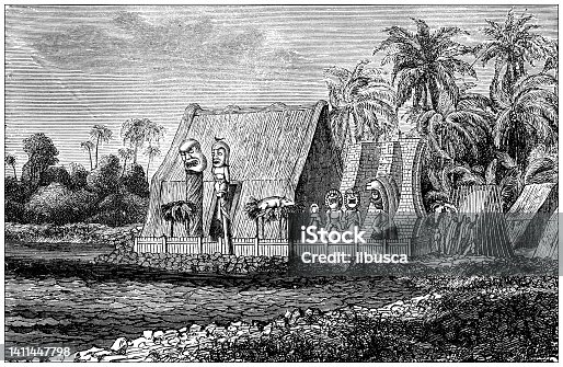 istock Antique illustration, ethnography and indigenous cultures: Kamehameha temple Marae, Hawaii 1411447798