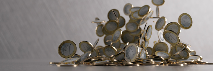 Coins falling and hitting the ground concept 3d render