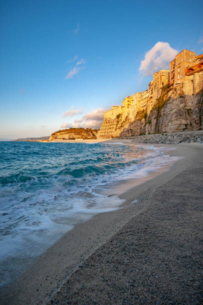 Tropea, Vibo Valentia district, Italy, Europe, The historic center of the village seen from the small sea beach