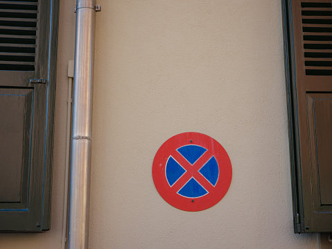 Prohibiting Traffic Sign. Stop Is Forbidden Sign Closeup On wall background, swiss city